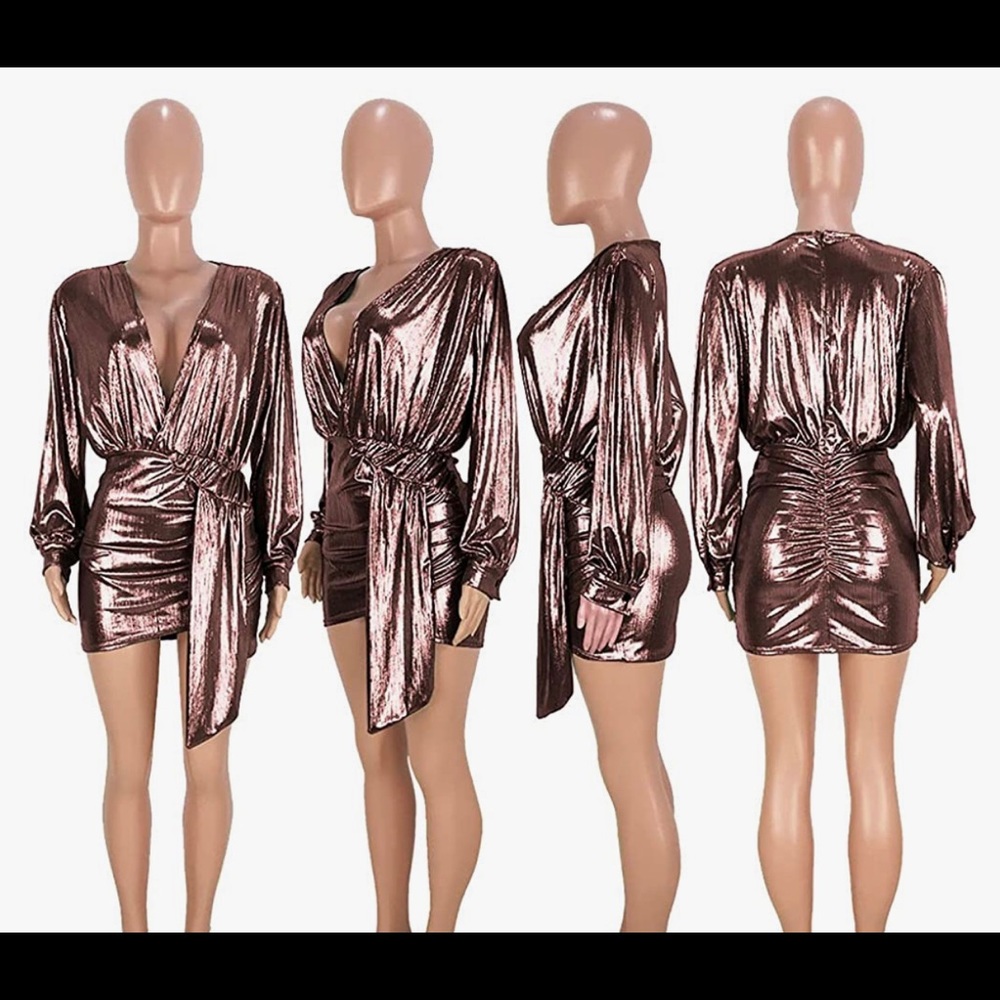 V neck Metallic dress long sleeve